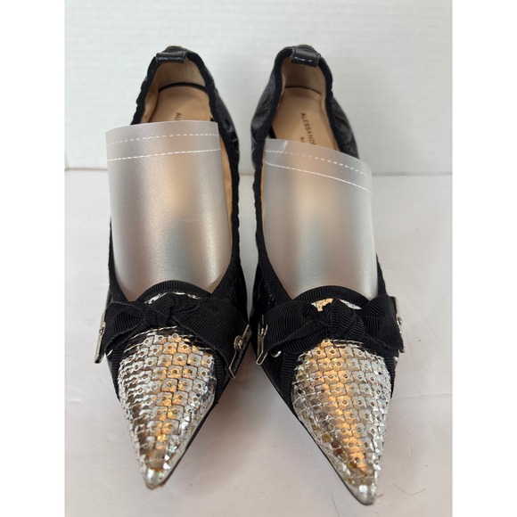 Alessandro Dell'Acqua Black Cracked Patent Leather Sequined Bow Pumps Heels 37 - Picture 2 of 8